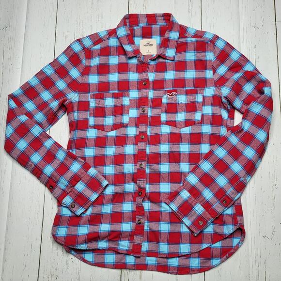 Hollister Plaid Flannel Button Down Y2K Top Long Sleeve Shirt Red Blue Medium - Picture 1 of 8